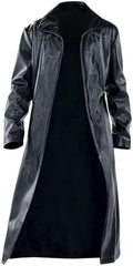 Men's Long Faux Leather Coat with Zip Front and Wide Collar