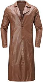 Men's Faux Leather Trench Coat with Notched Lapels