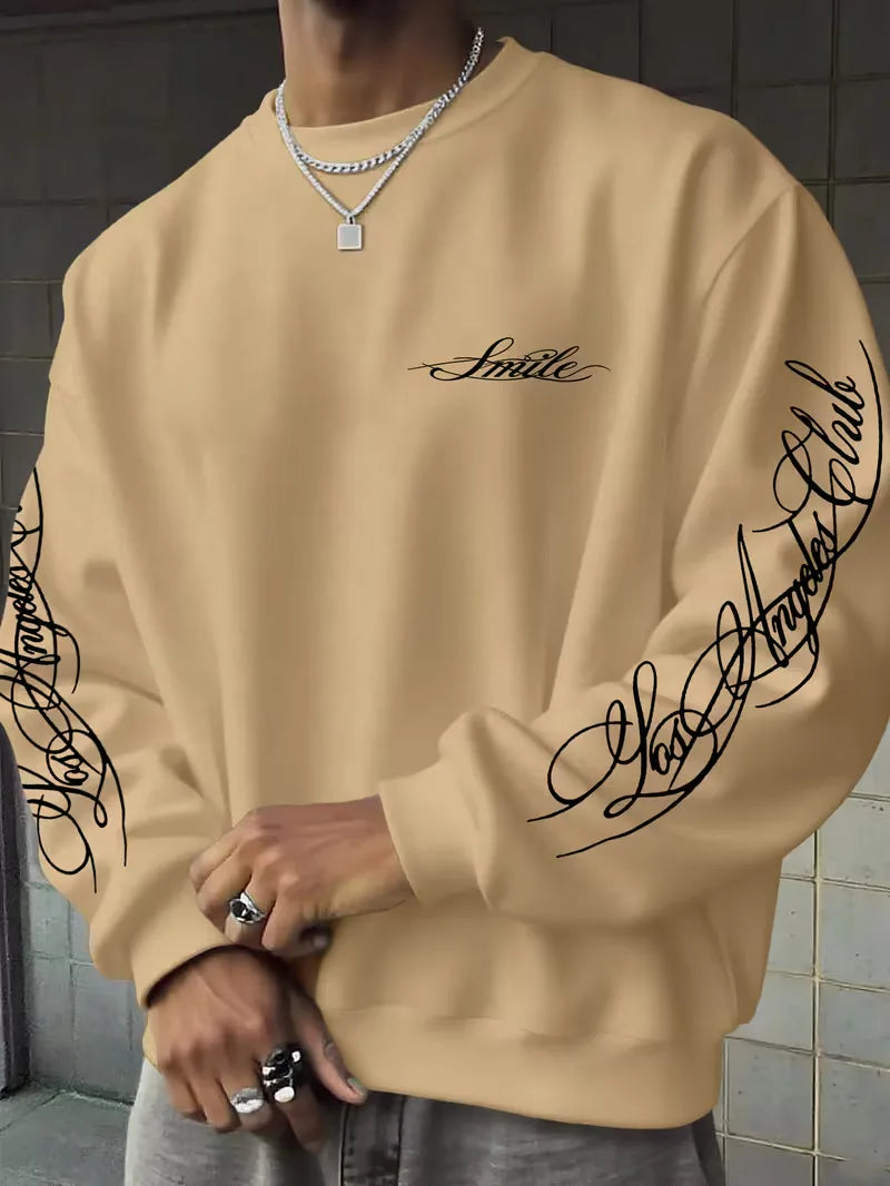 Men's Sweatshirt with White Script Lettering on Chest and Sleeves