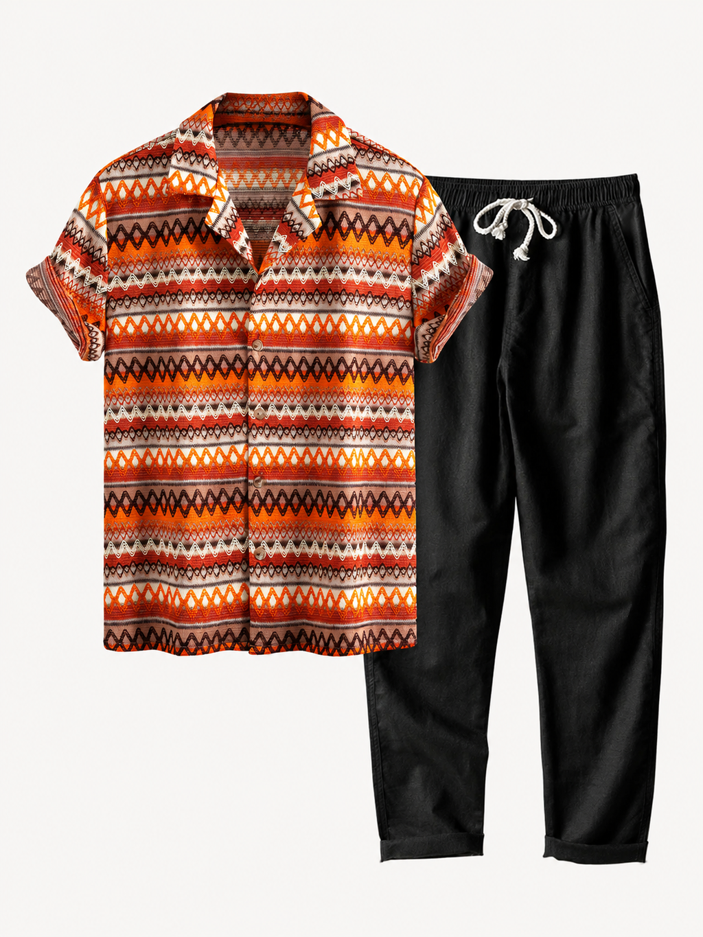 Men's Printed Cuban Shirt and linen-look Blend Trousers