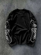 Men's Dark Longsleeve with White Script Print on Sleeves and Chest