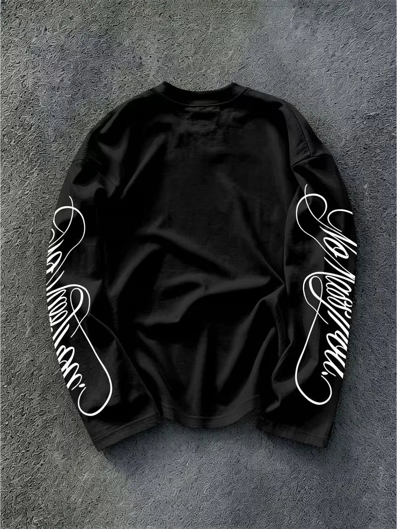 Men's Dark Longsleeve with White Script Print on Sleeves and Chest