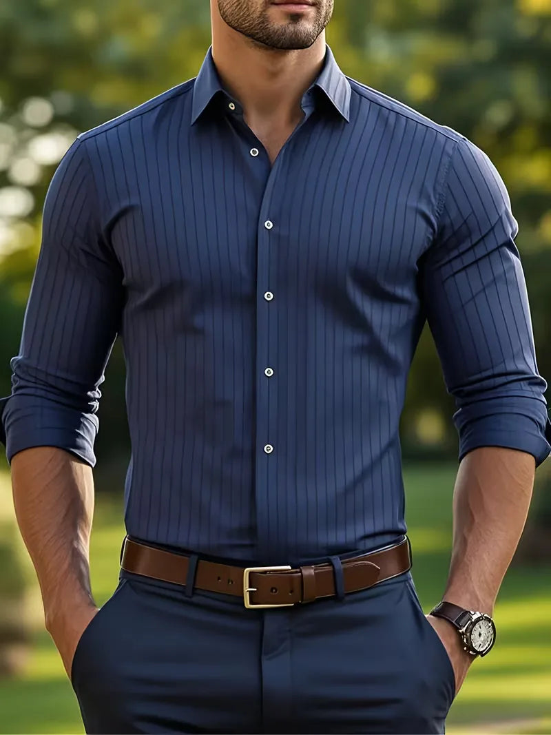 Men's Slim-Fit Striped Mandarin Collar Shirt