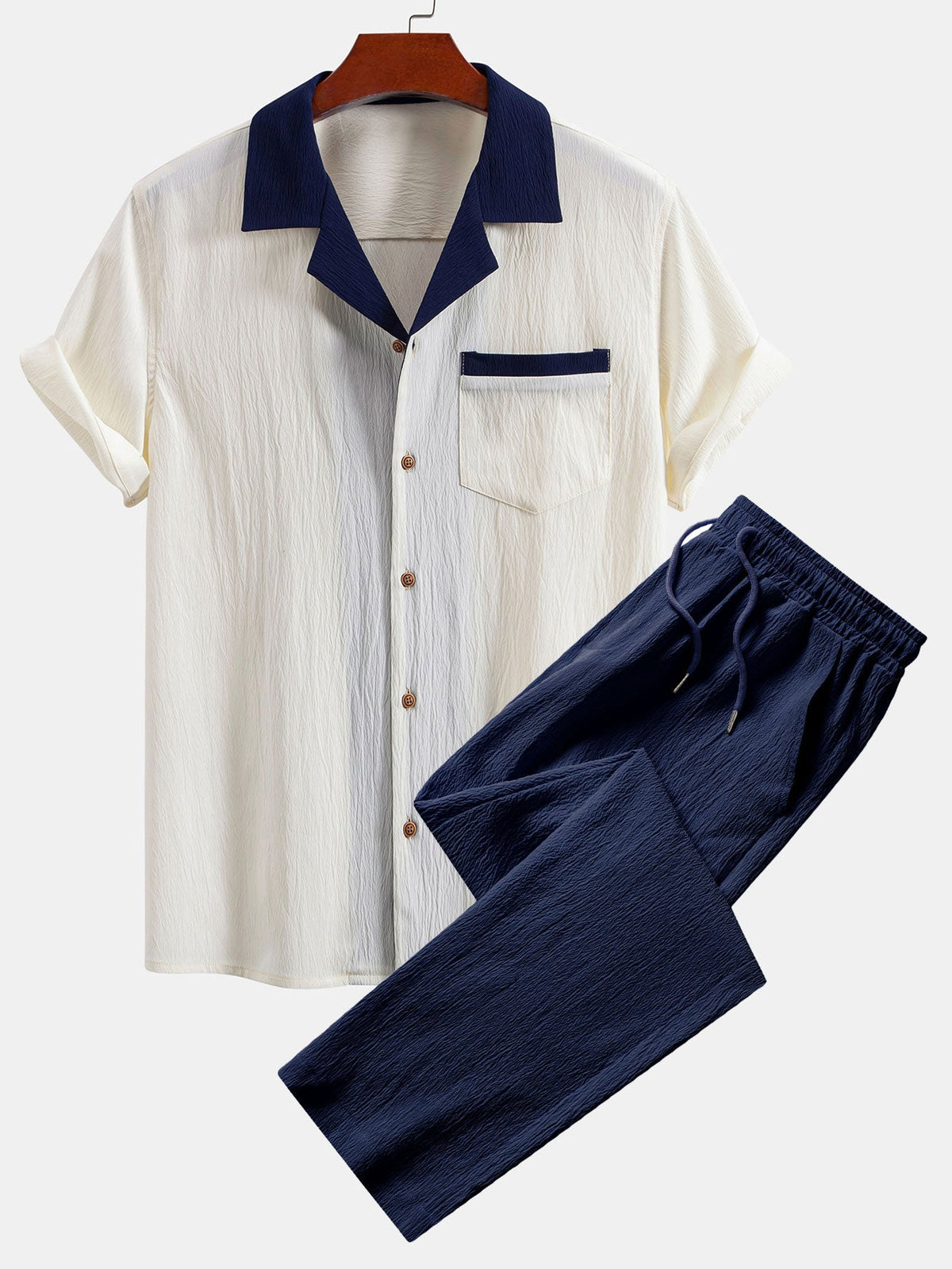 Men's Contrast Texture Shirt and Trouser Set – Cuban Collar