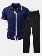 Men's Ribbed Knit Button Shirt Set – Tailored Tapered Trousers