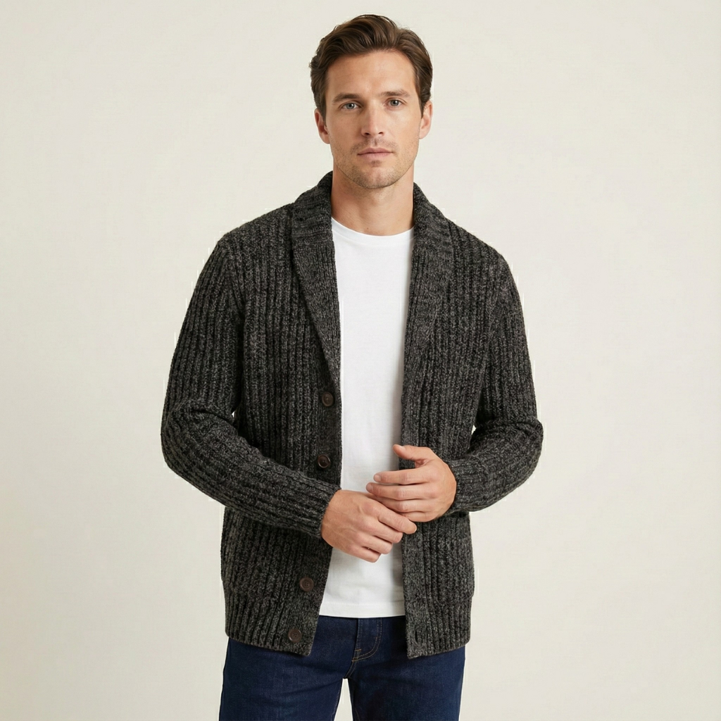 Men's Chunky Cable-Knit Shawl-Collar Cardigan