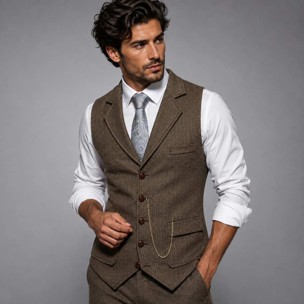 Men's Tweed-Style Waistcoat with Pocket Chain