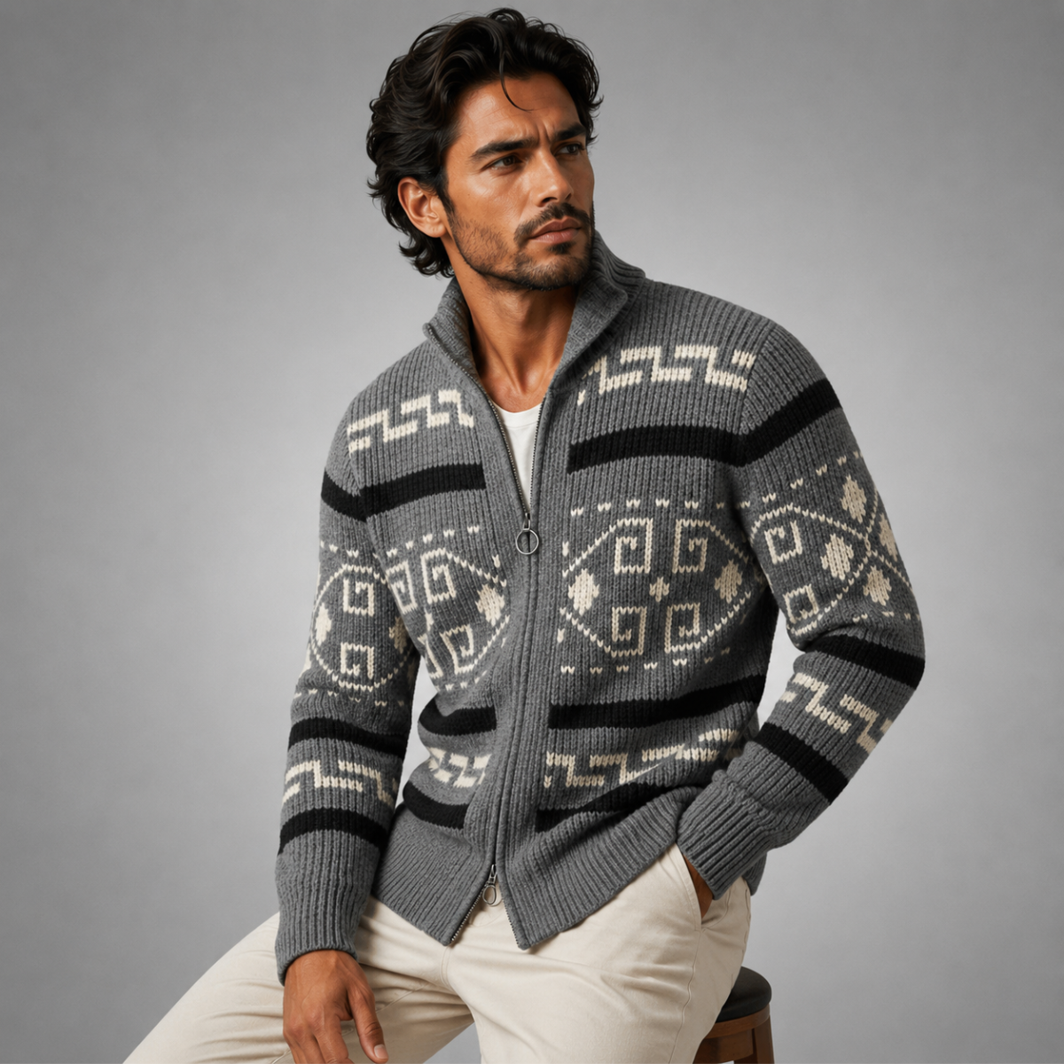 Men's Jacquard Shawl-Collar Cardigan – Patterned Knit