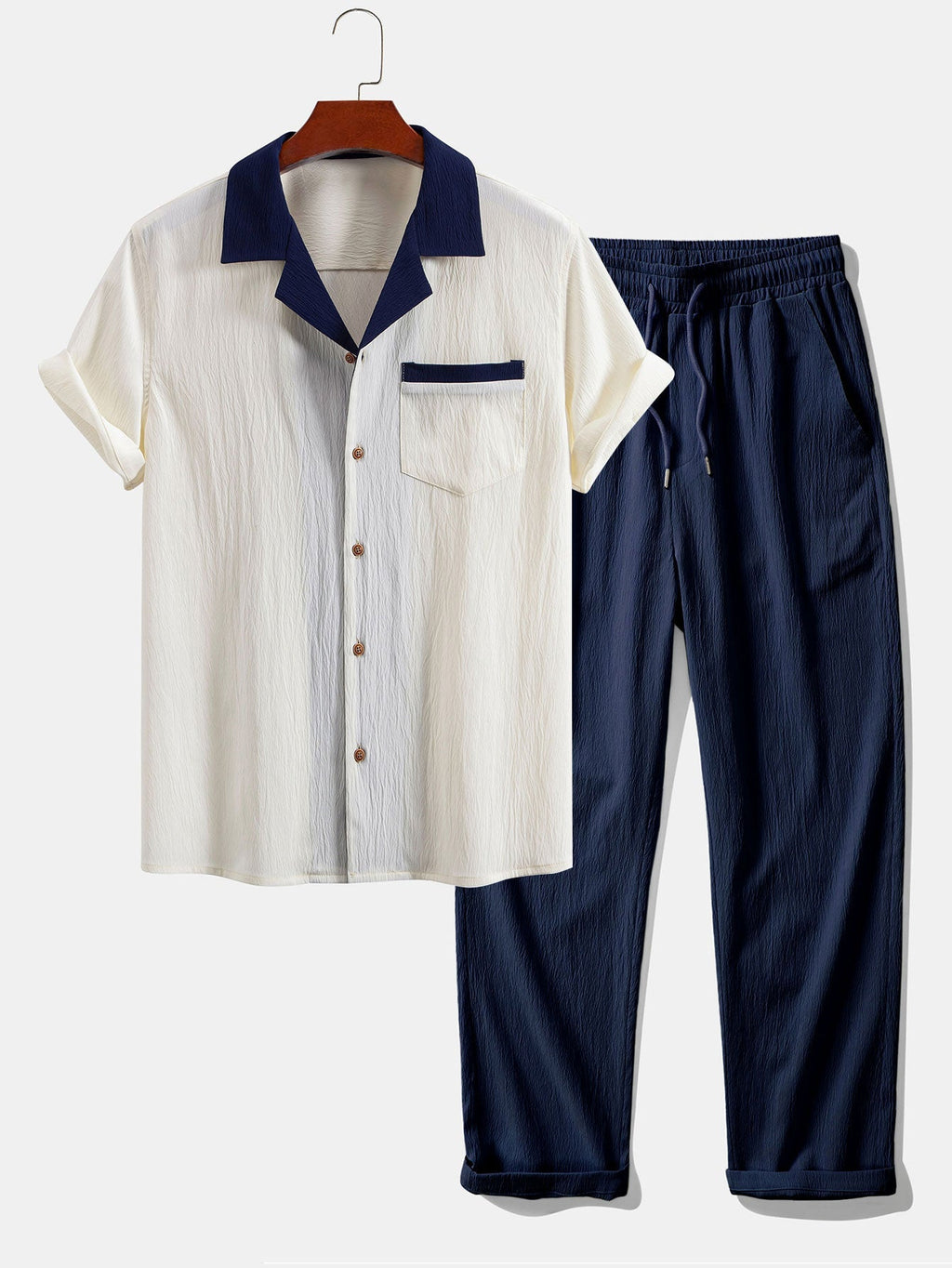 Men's Contrast Texture Shirt and Trouser Set – Cuban Collar