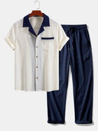 Men's Contrast Texture Shirt and Trouser Set – Cuban Collar