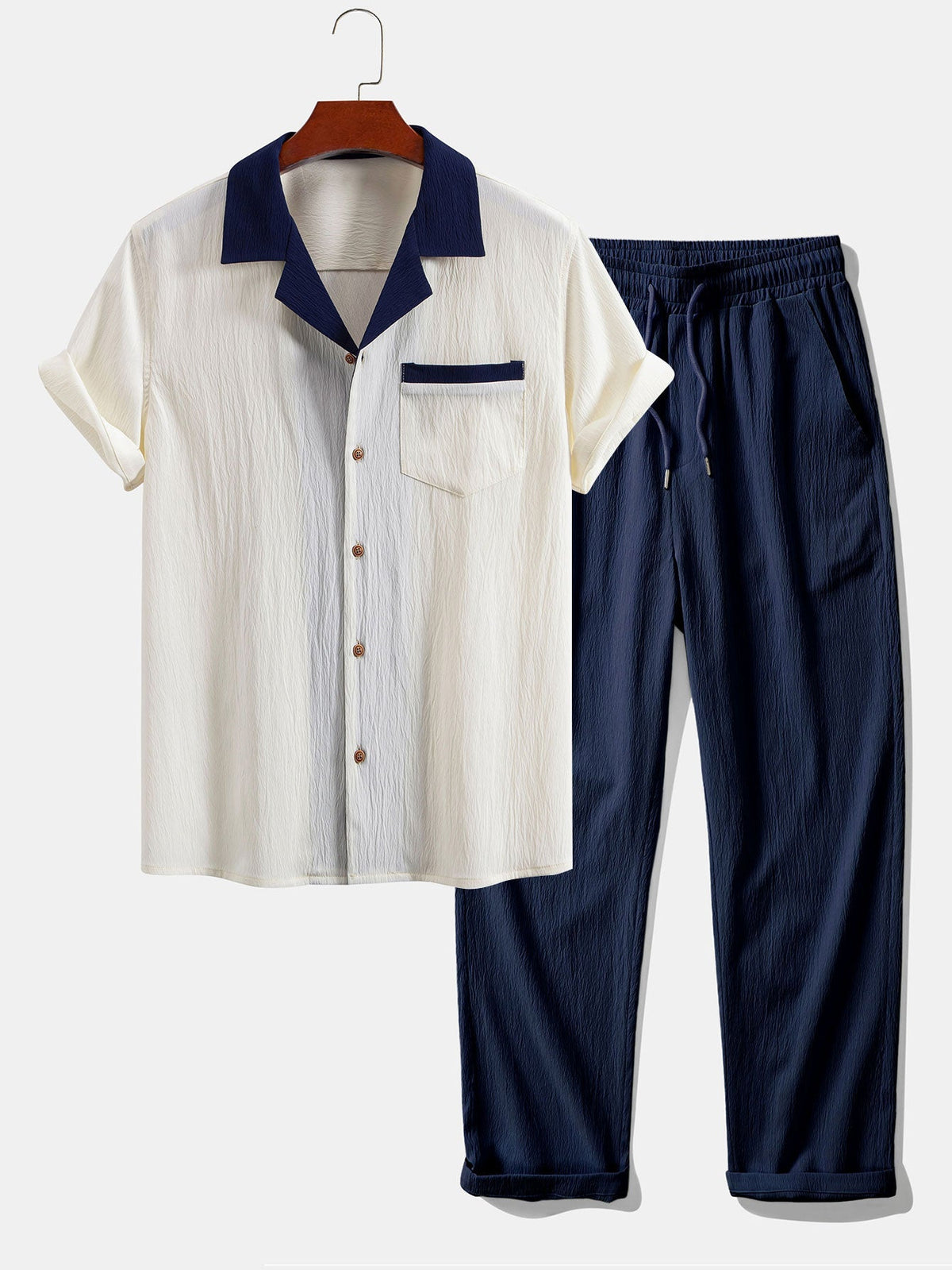Men's Contrast Texture Shirt and Trouser Set – Cuban Collar