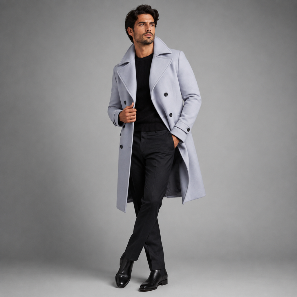 Men's Long Double-Breasted Wool-Blend Trench Coat