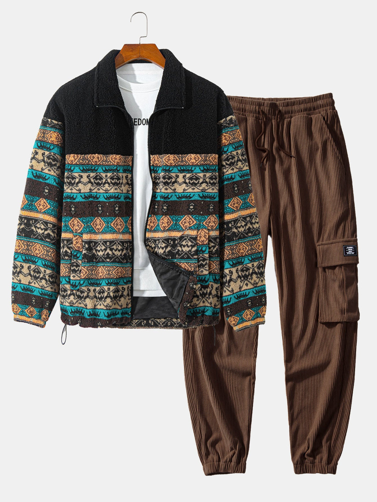 Men's Printed Teddy Fleece Jacket and Corduroy Cargo Jogger Set