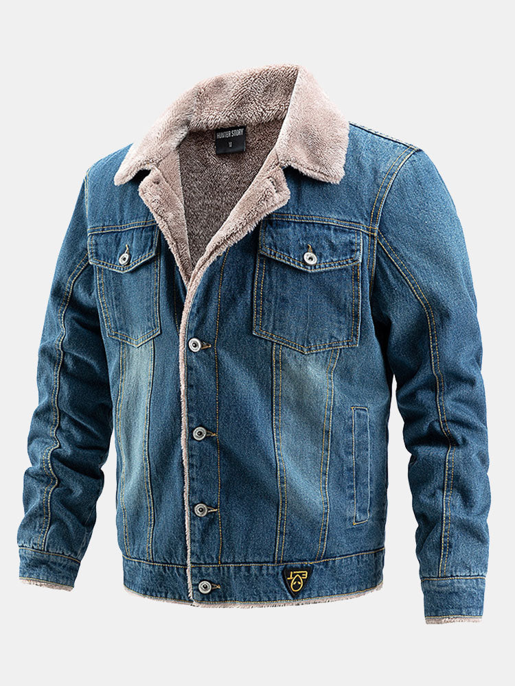 Men's Sherpa-Lined Denim Jacket with Button Front