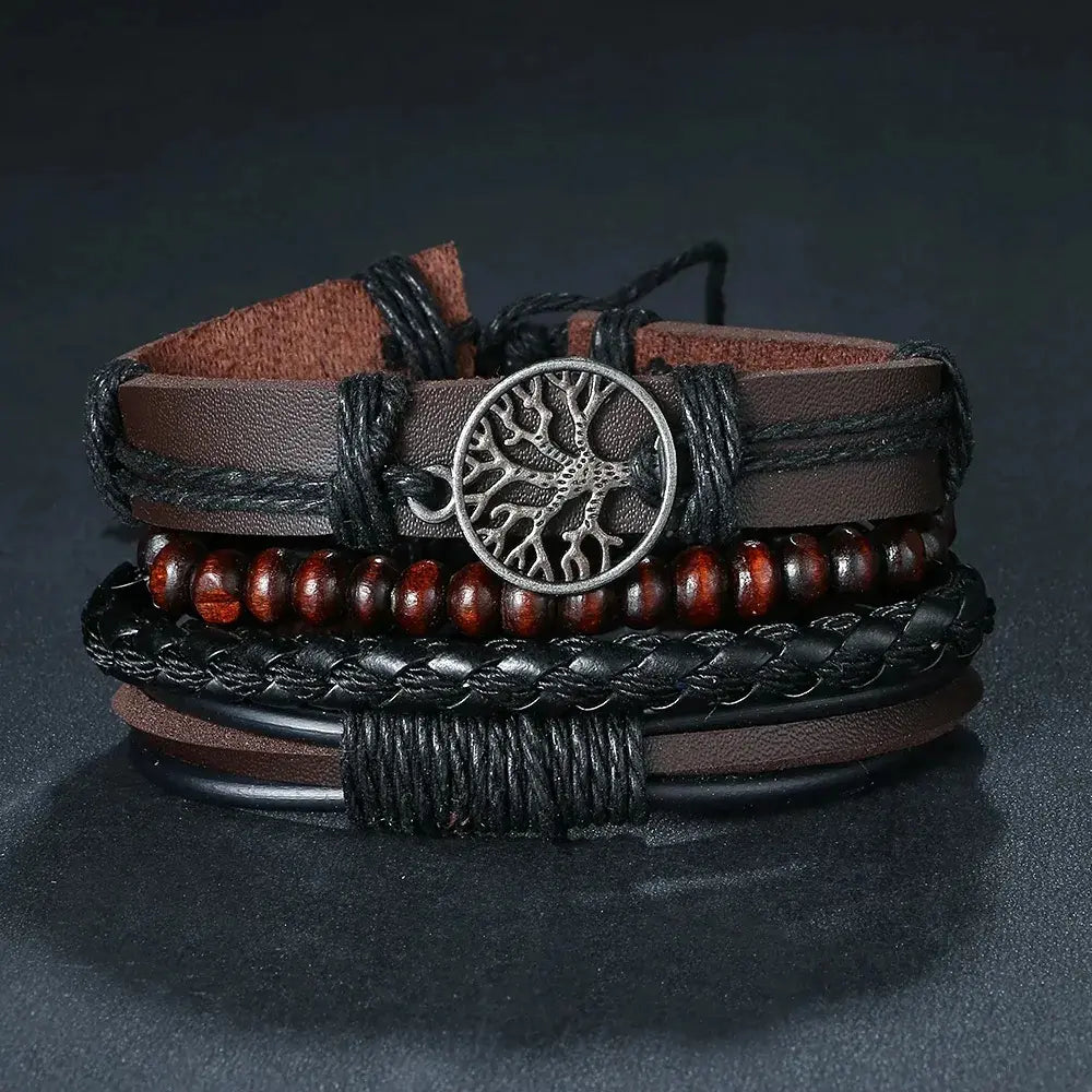 Men's Braided leather-look Wrap Bracelet Set