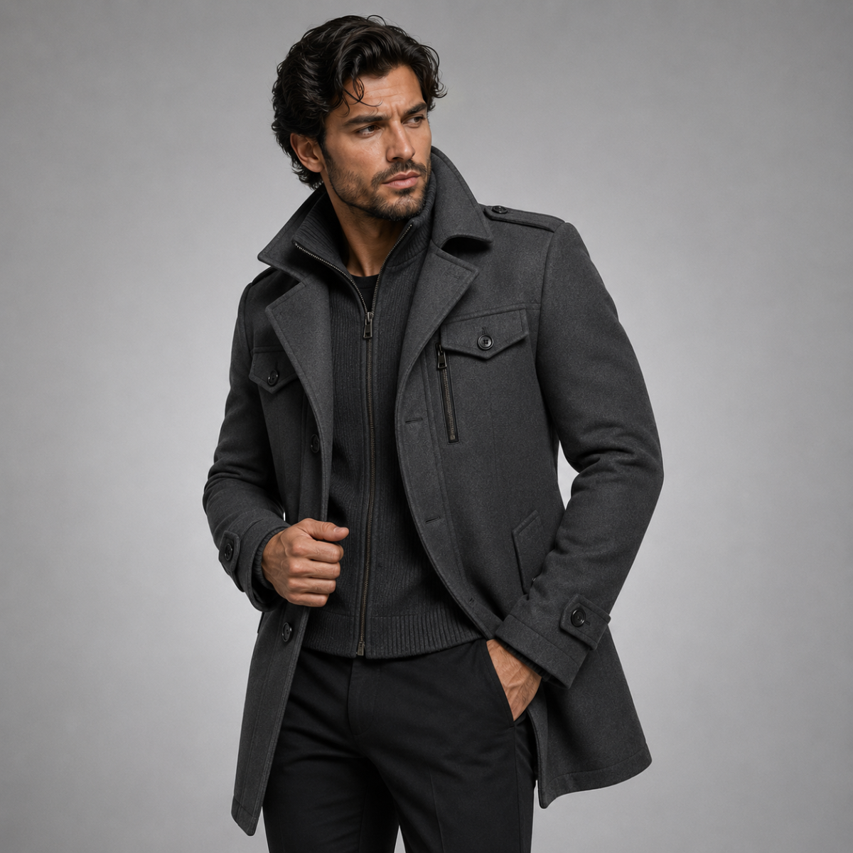 Men's Double-Layer Warm Coat – Zip Inner Layer and Button Front