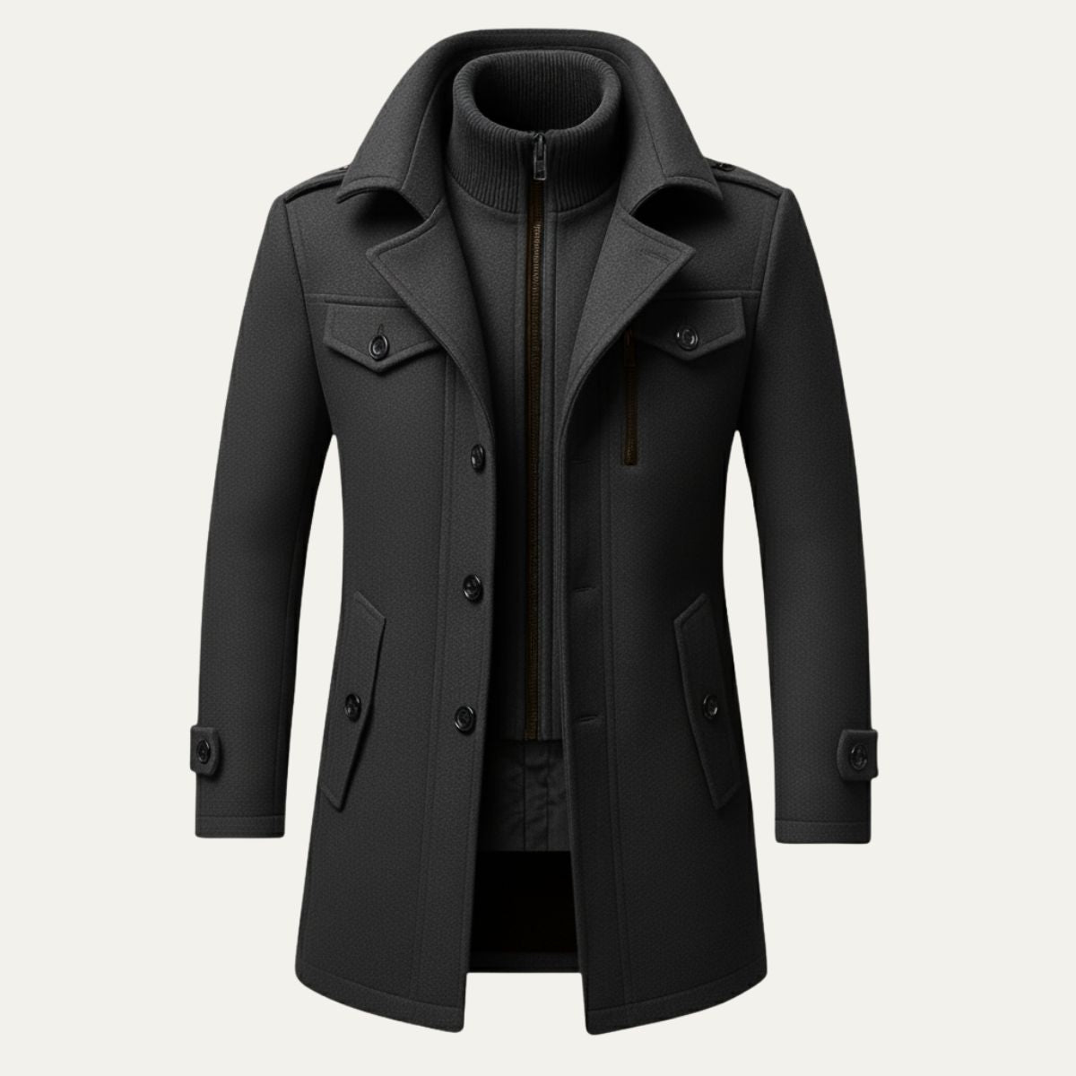 Men's Double-Layer Warm Coat – Zip Inner Layer and Button Front