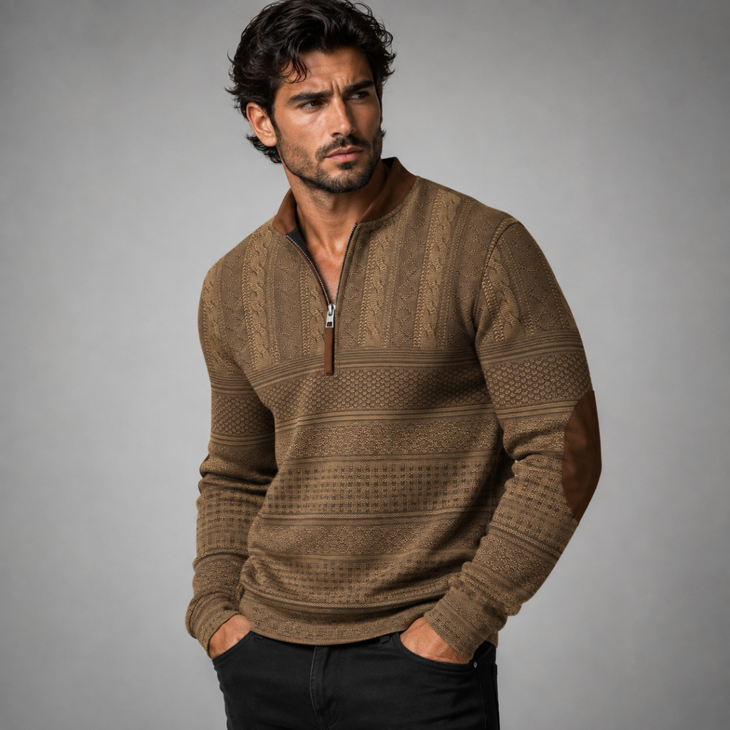Men's Patterned Half-Zip Jumper with Elbow Patches