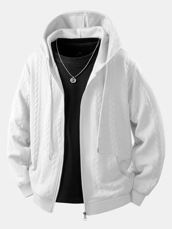 Men's Cable Jacquard Zip-Up Hoodie – Textured Long Sleeve Hooded Sweatshirt