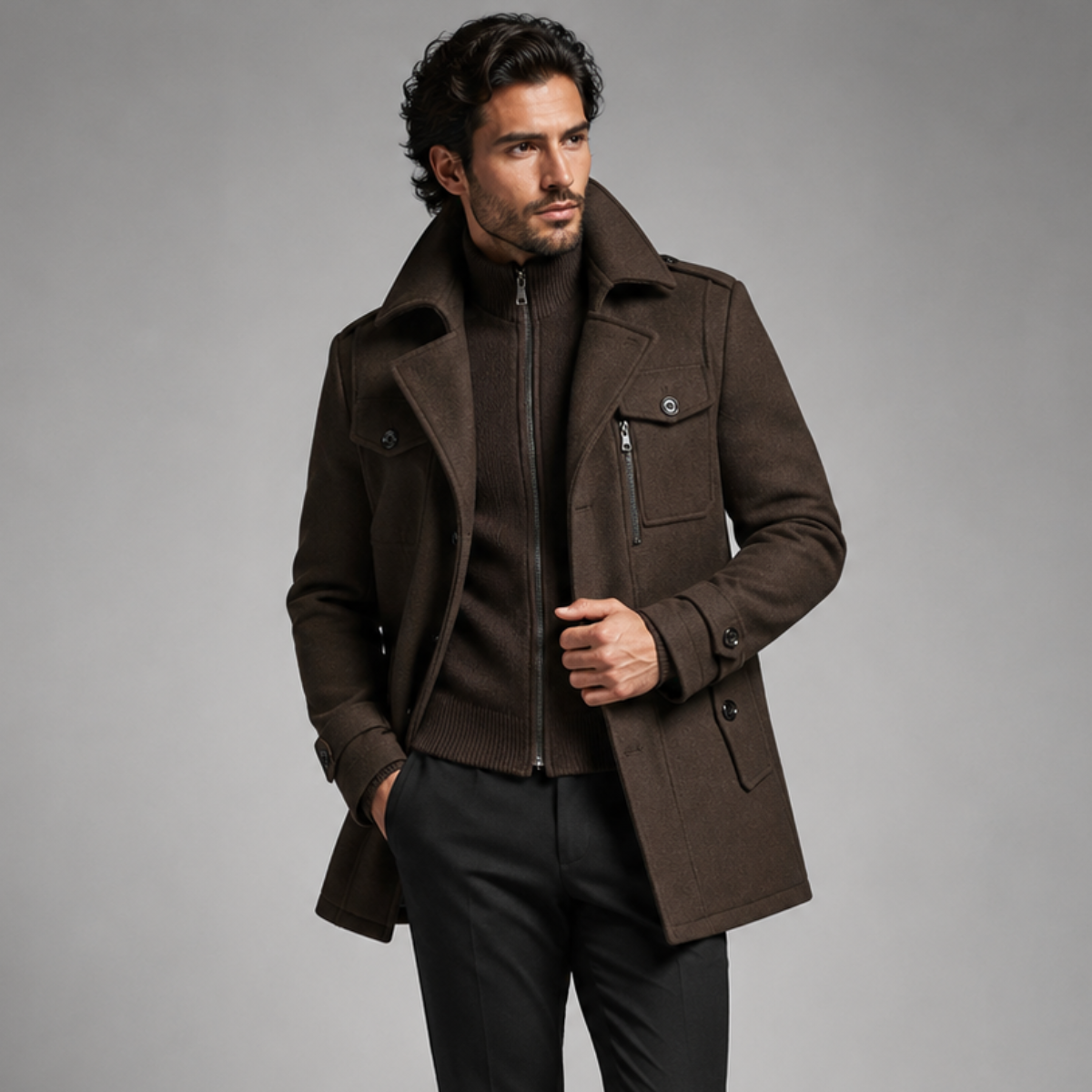 Men's Double-Collar Wool-Blend Business Coat