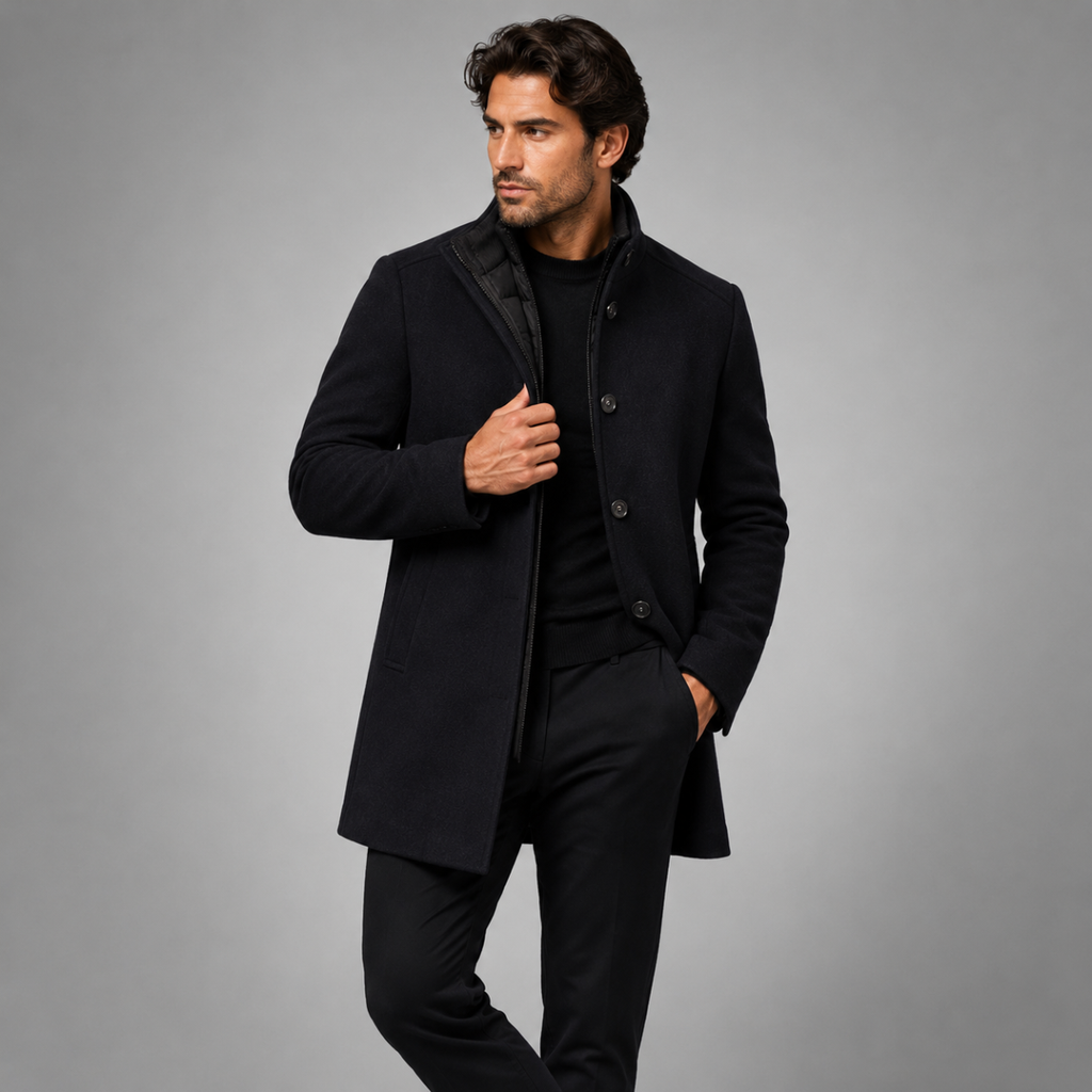 Men's Classic Wool-Blend Overcoat – Structured Collar, Button Front