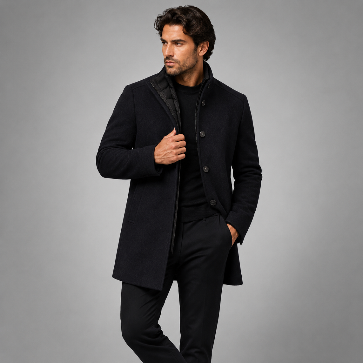 Men's Classic Wool-Blend Overcoat – Structured Collar, Button Front