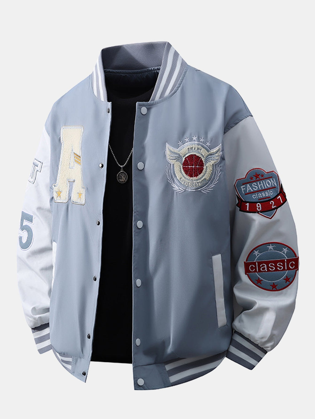Men's Embroidered Varsity Bomber Jacket with Ribbed Trims