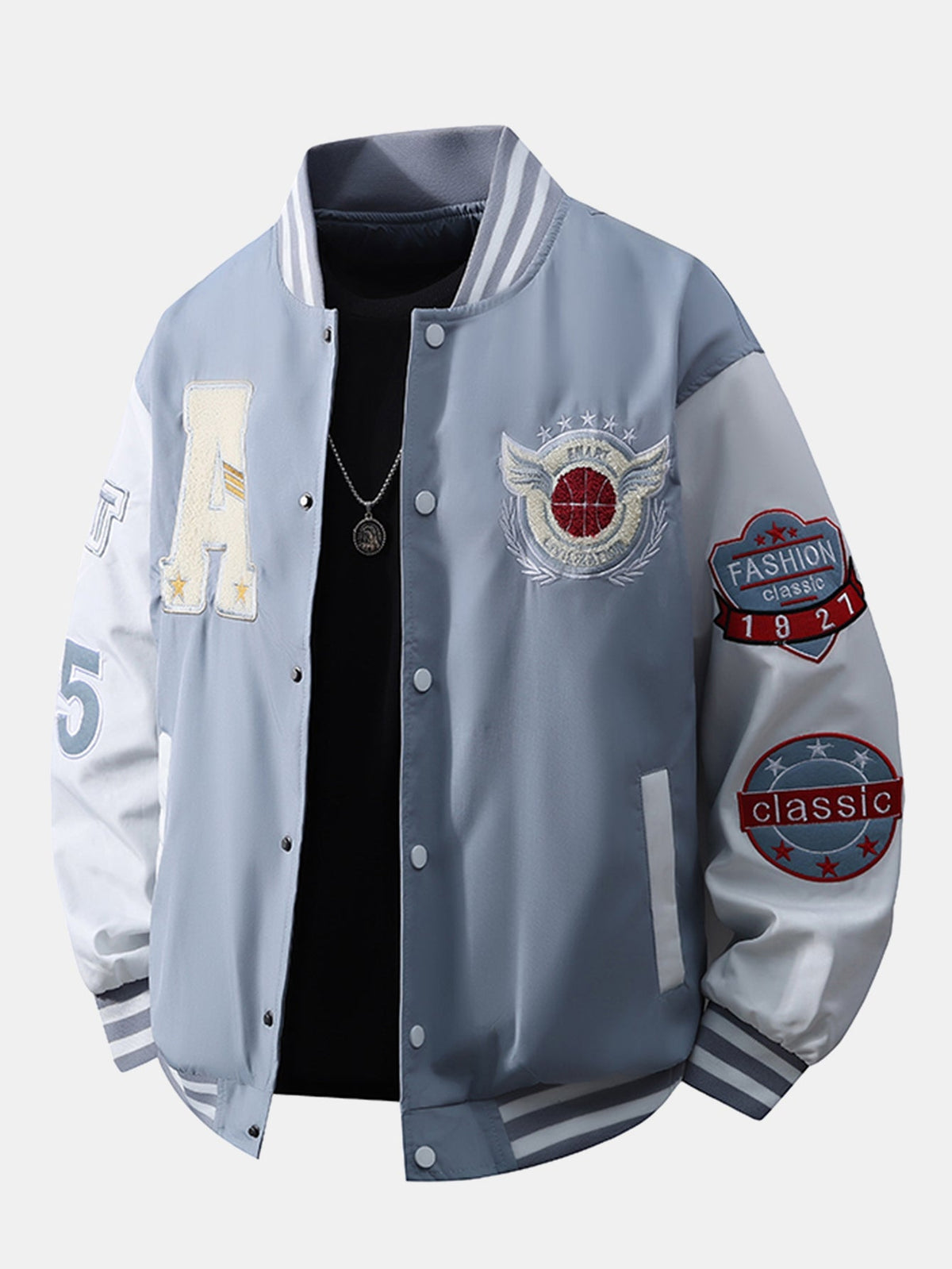 Men's Embroidered Varsity Bomber Jacket with Ribbed Trims