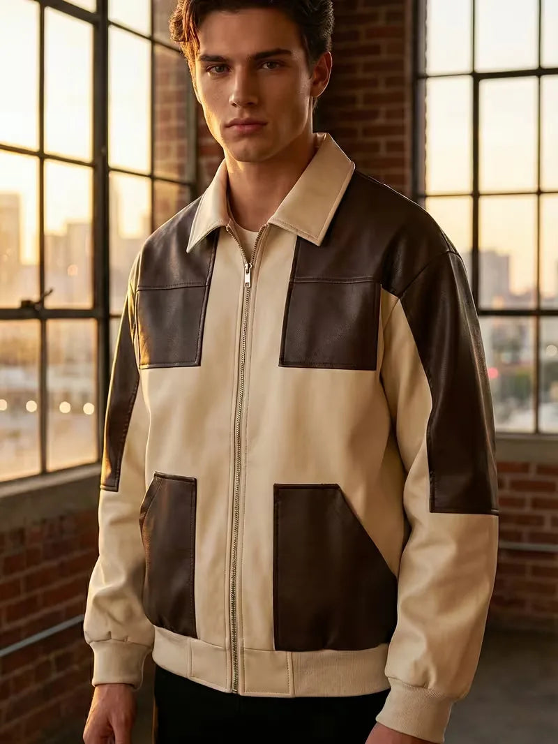 Men's Panelled Faux Leather Zip Jacket