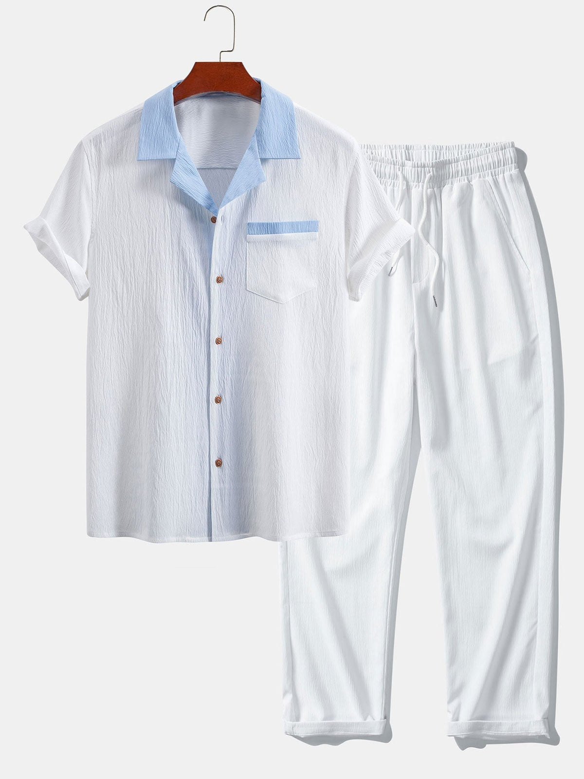 Men's Contrast Texture Shirt and Trouser Set – Cuban Collar