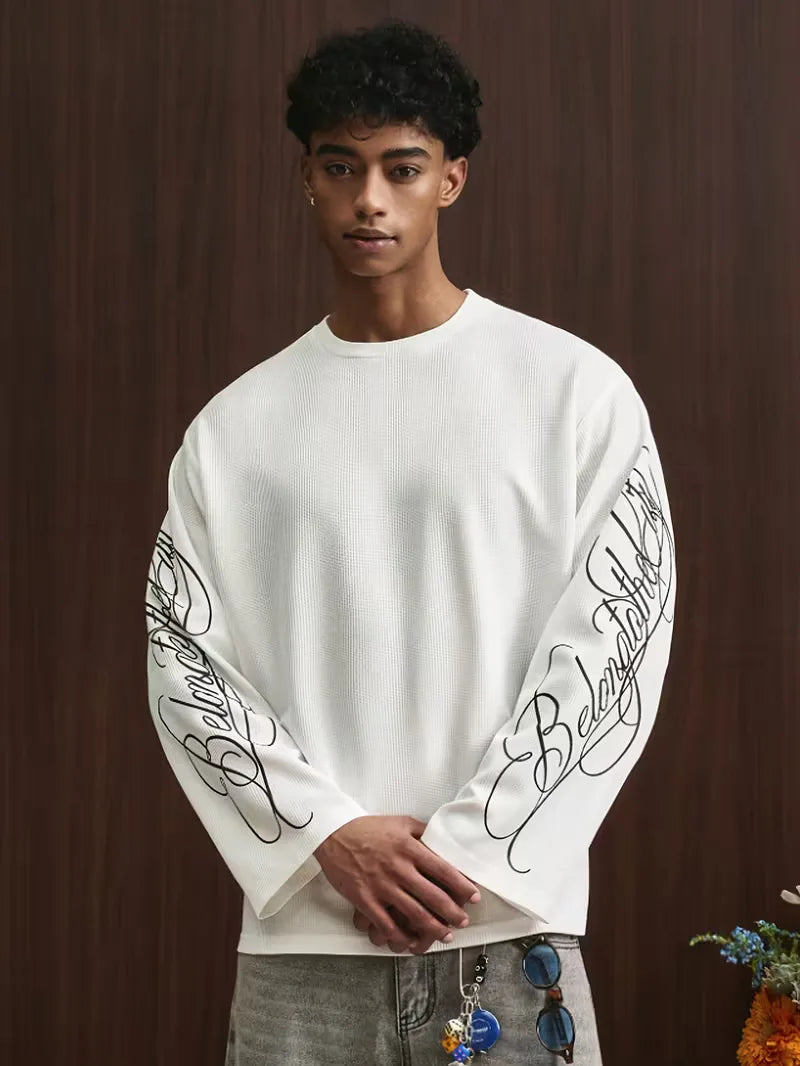 Men's Oversized Waffle-Knit Longsleeve with Script Sleeve Print