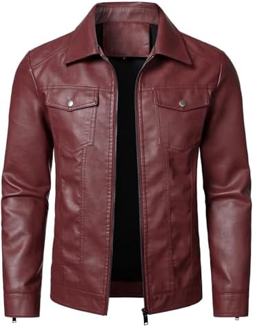 Men's Faux-Leather Trucker Jacket – Lightweight Collared Zip-Up Layer