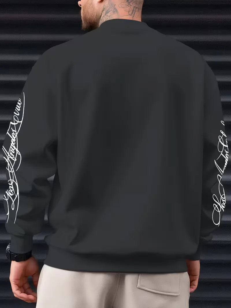 Men's Sweatshirt with White Script Lettering on Chest and Sleeves