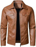Men's Faux-Leather Trucker Jacket – Lightweight Collared Zip-Up Layer
