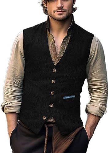 Men's Herringbone Tweed Waistcoat with Decorative Buttons