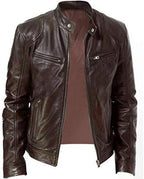 Men's Vintage Faux-Leather Biker Jacket – Slim-Fit Stand-Collar Zip-Up