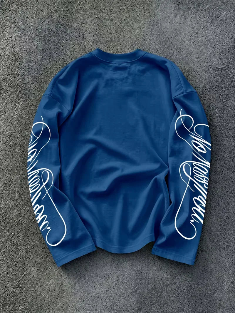 Men's Dark Longsleeve with White Script Print on Sleeves and Chest