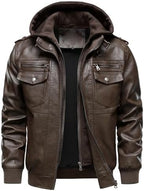 Men's Hooded Faux-Leather Bomber Jacket – Multi-Pocket Zip-Up Motorcycle