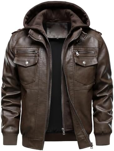 Men's Hooded Faux-Leather Bomber Jacket – Multi-Pocket Zip-Up Motorcycle