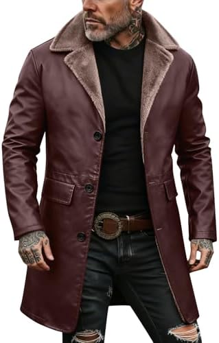 Men's Long Faux-Leather Winter Coat – Vintage Button-Front Layer