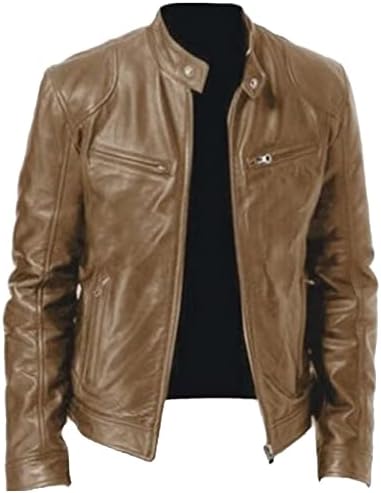 Men's Vintage Faux-Leather Biker Jacket – Slim-Fit Stand-Collar Zip-Up