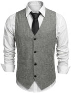 Men's Textured V-Neck Suit Waistcoat with Button Front and Welt Pockets