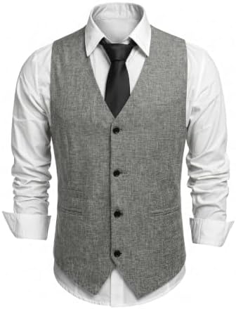 Men's Textured V-Neck Suit Waistcoat with Button Front and Welt Pockets