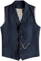 Men's Slim Fit wool-blend Tweed Waistcoat with Notched Lapels and Patch