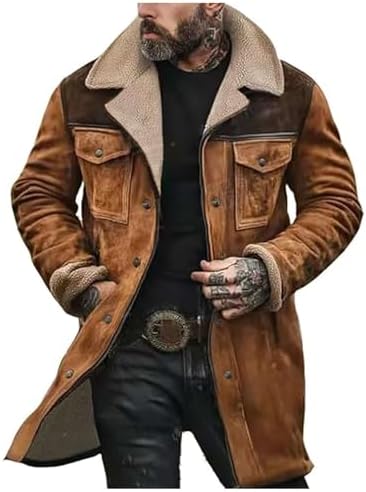 Men's Vintage suede-look Winter Coat – Long Sherpa-Lined Jacket