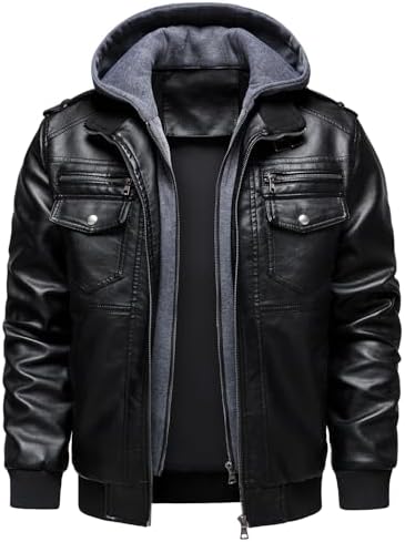 Men's Hooded Faux-Leather Bomber Jacket – Multi-Pocket Zip-Up Motorcycle