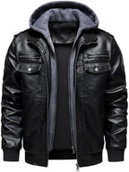 Men's Hooded Faux-Leather Bomber Jacket – Multi-Pocket Zip-Up Motorcycle