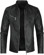 Men's Sleek Faux-Leather Biker Jacket – Minimal Stand-Collar Zip-Up Moto