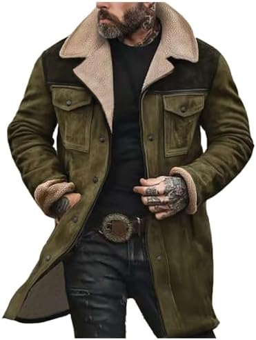 Men's Vintage suede-look Winter Coat – Long Sherpa-Lined Jacket