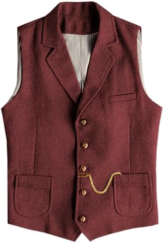 Men's Slim Fit wool-blend Tweed Waistcoat with Notched Lapels and Patch